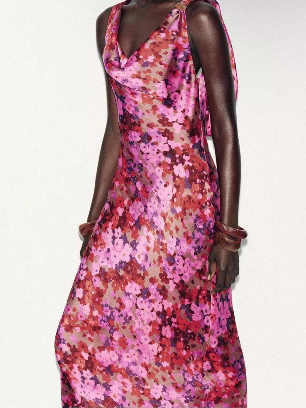 Zara NWT Floral Print Cowl Neck Brooch Open Lace Toe Up Back Midi Maxi (Small) - Picture 6 of 16
